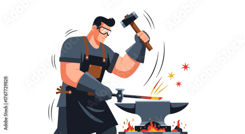 Blacksmith Crafts Metal With Hammer And Anvil Amidst Sparks And Fiery Flames