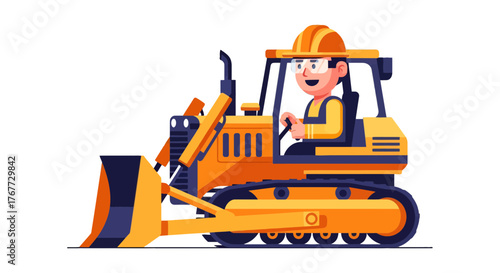 Bold Bulldozer Operator Cartoon Pushing Forward, Construction Site Labor in Progress