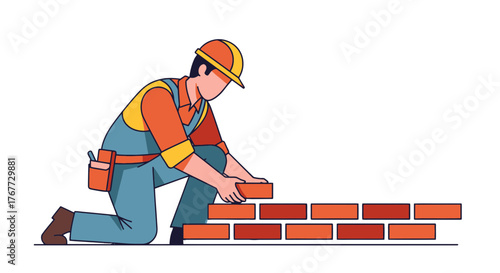 Bricklayer Building Wall Construction Illustration Depicting Laborer Assembling Bricks With Skill