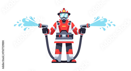 Brave Firefighter Ready To Fight Flames With Powerful Water Jets And Protective Gear