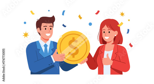 Business Colleagues Celebrate Financial Success With A Symbolic Golden Coin Of Reward