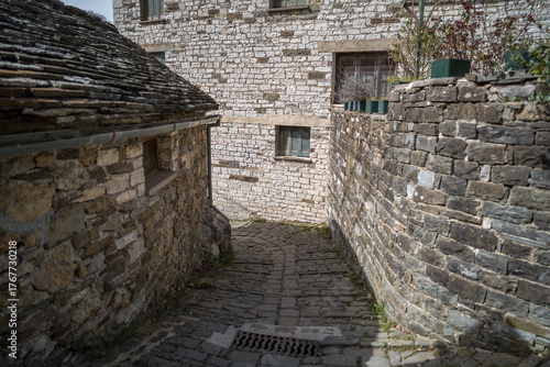 Street in Mikro Papingo village located in Epirus, North of Greece