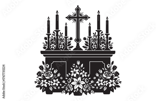 Solemn altar with cross and candles adorned with floral arrangements for religious ceremonies and memorial services