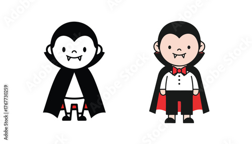 Two cartoon illustrations of a vampire character, one black and white, the other colored.