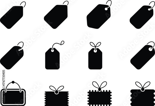 Collection of various black price tags and label icons isolated on white