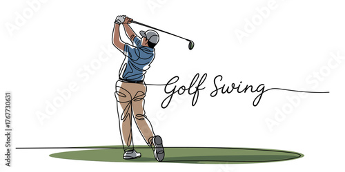 Elegant continuous line drawing captures dynamic golf swing motion artistry vector