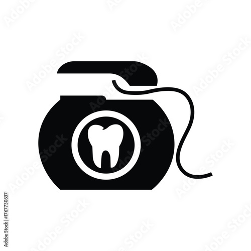 Simple black icon of a dental floss dispenser featuring a tooth symbol for oral hygiene and dental care