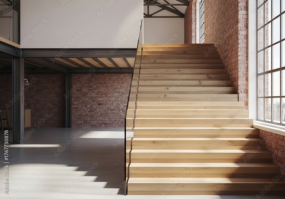 Obraz premium Minimalist design showcasing wooden staircase within urban loft space