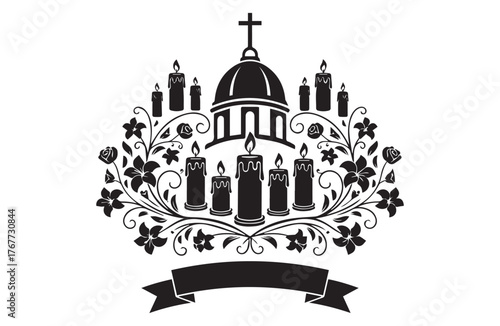 Ornate black and white illustration of a church dome surrounded by lit candles and floral elements with a banner below