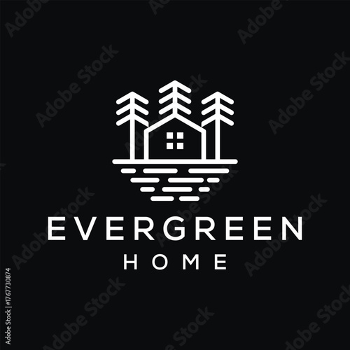 traditional wooden forest house, villa wooden cottage with pine trees for holiday logo design vector template