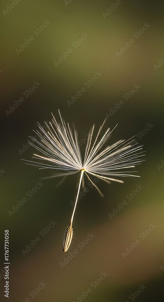 Naklejka premium Graceful dandelion seed dispersal in blurred nature's gentle ambiance
