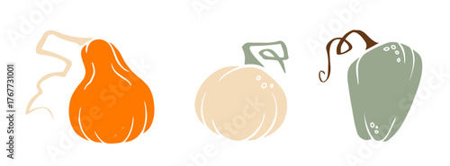 Silhouette collage of three gourds in orange, cream, sage green, for fall branding, packaging, invitations, textiles, home decor, stationery, menus, web banners.