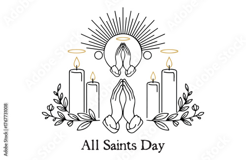 Elegant line art illustration of praying hands and candles with halos and radiating light for all saints day celebration