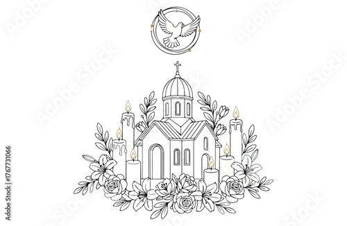 Intricate line art illustration of a grand building surrounded by lush foliage and floral elements with a decorative oval motif above