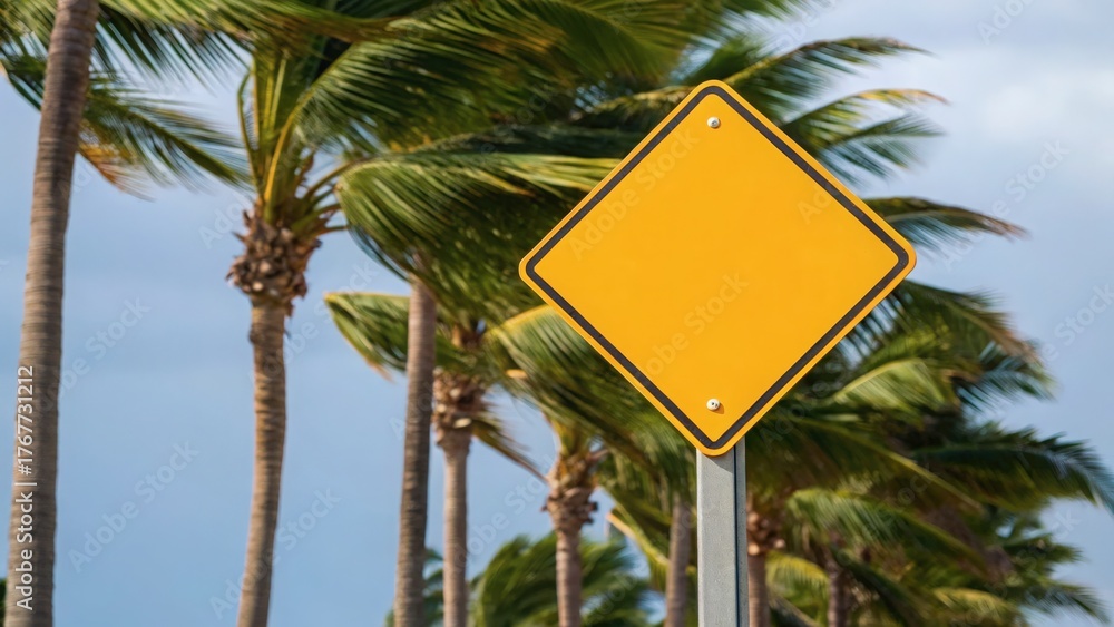 Naklejka premium Tropical cyclone Blank yellow sign beside palm trees under a cloudy sky.
