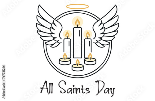 All saints day illustration featuring a haloed oval framed by angelic wings with lit candles and the text all saints day