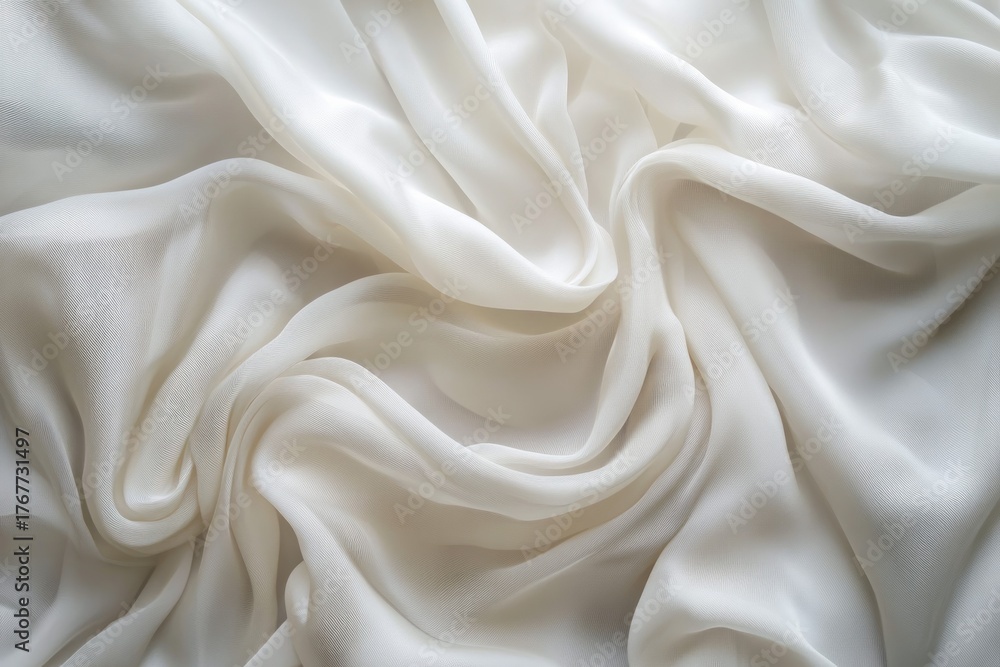 Fototapeta premium Luxurious creamy fabric forms elegant folds on solid white background, creating soothing visual flow under soft lighting. Neural network AI generated