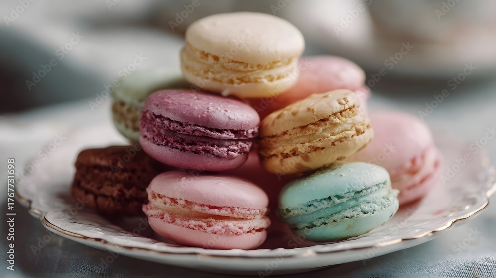 Fototapeta premium A colorful stack of French arons piled high on a delicate white porcelain plate