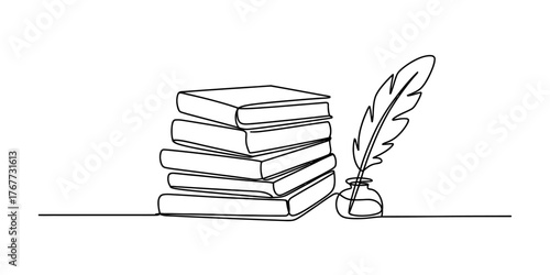 A stack of books and a feather quill pen with inkwell rendered in a single continuous line drawing style vector