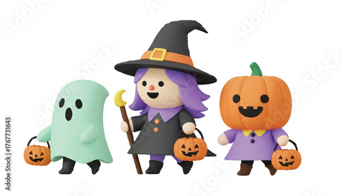 Three cartoon Halloween characters: a ghost, a witch holding a wand, and a pumpkin person, all carrying pumpkin-shaped candy buckets.