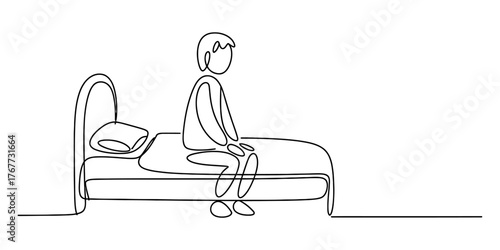 Continuous one line drawing of a person sitting on the edge of a bed with a pillow vector