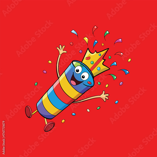 Colorful confetti popper exploding with joy and celebration, perfect for a party on red