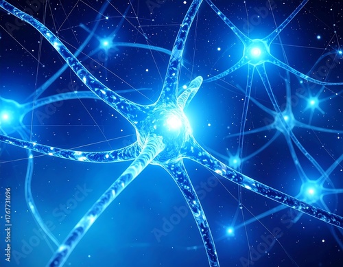 Abstract visualization of a glowing blue neural network with active neurons and firing synapses, representing brain activity and intelligence