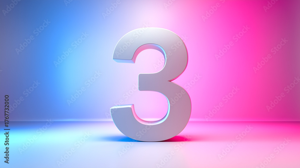 Naklejka premium White number three on a gradient background with pink and blue neon light.