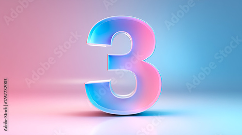 White number three on a gradient background with pink and blue neon light.
