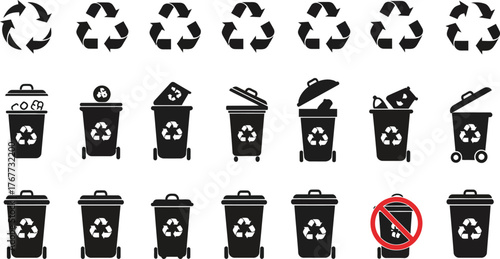 Recycling Bins and Waste Management Icons Set