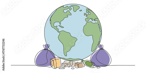A continuous line drawing of the earth supported by piles of trash and recycling bags representing environmental issues vector