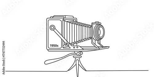 Continuous one line drawing of a vintage bellows camera on a tripod an artistic interpretation vector