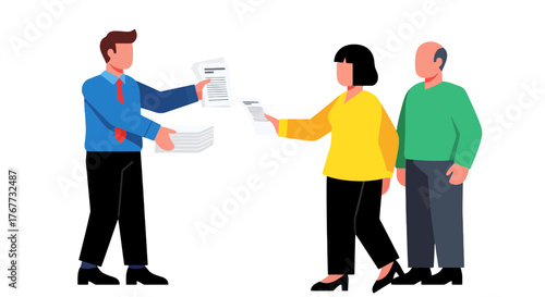 Business Interaction: Document Exchange Between Colleagues with Illustrations in a Clean Style