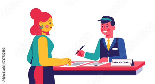 Business Interaction: Woman Signing New Account Documents With Representative Illustration