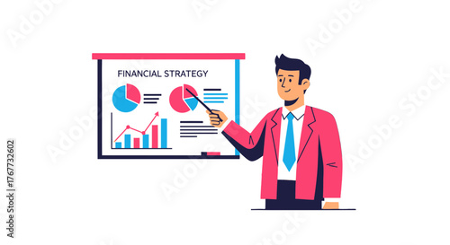 Business Professional Delivering Financial Strategy Presentation, Illustrated and Explained
