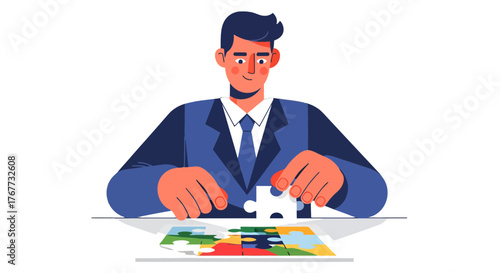 Business Professional Completing The Jigsaw Puzzle: Concept Of Problem Solving, Innovation