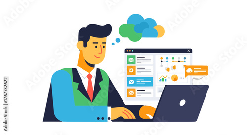 Business Professional Engaged With Online Data Cloud Services Using a Laptop Computer