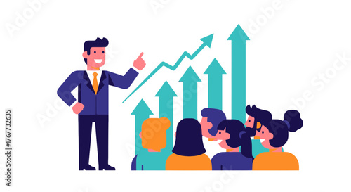 Business Leader Presenting Growth to Audience With Upward Arrows Displayed on Background