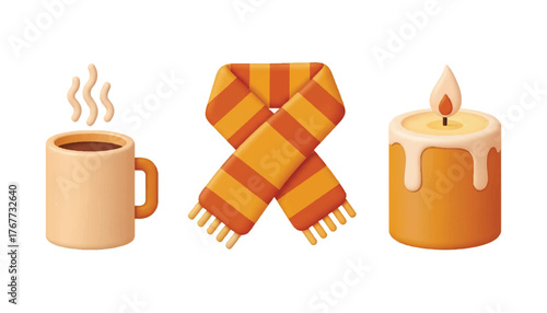 Three stylized, warm-toned illustrations: a steaming mug, a scarf, and a lit candle.