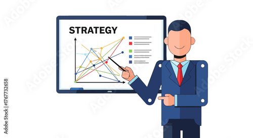 Business Leader Presenting Strategy Visualization And Data Analysis On Display Board.