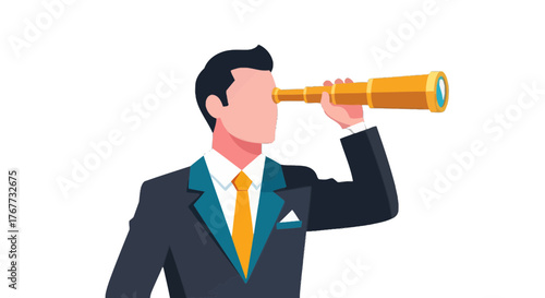 Business Professional Looking Through a Telescope, Vision, and Strategy on Black