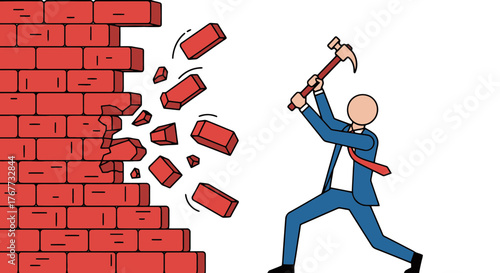 Business Person Wall Destruction: Achieving Goals and Overcoming Obstacles Concept