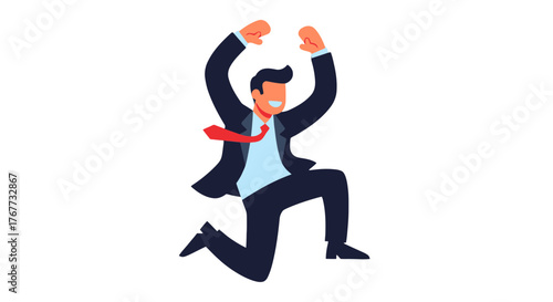 Business Success: Joyful Businessman Celebrates Triumph In Mid-Air With Cheerful Expression