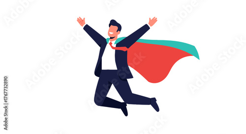 Business Superhero With Arms Raised Celebrating Success Against Black Background