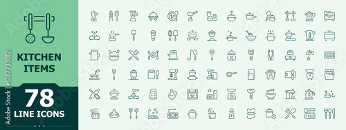 Kitchen Accessory linear icon set. Icons for UI designs. Pixel perfect. Editable stroke. Cooking icon set. Included cook, kitchen, tool, utensil, equipment and more.
