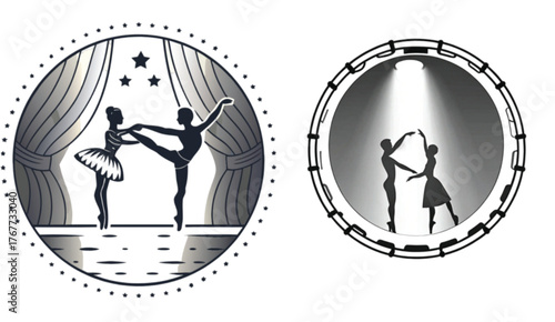 Ballet dancers performing on stage with curtains in spotlight  