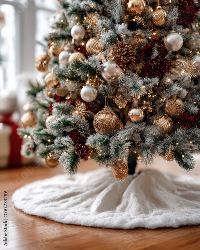 Flocked evergreen holiday decoration rests upon a plush white base covering the floor