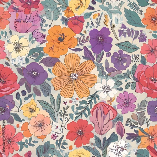 Floral Vector Pattern, Colorful Flowers, Seamless Design, Soft Color Palette, Nature, Graphic Art, Hand-Drawn Style