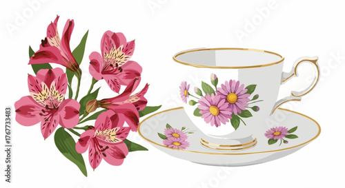 An elegant white porcelain teacup and saucer adorned with delicate pink daisies, paired with a fresh bouquet of vibrant pink alstroemeria flowers. A charming, floral-themed still life perfect for tea.