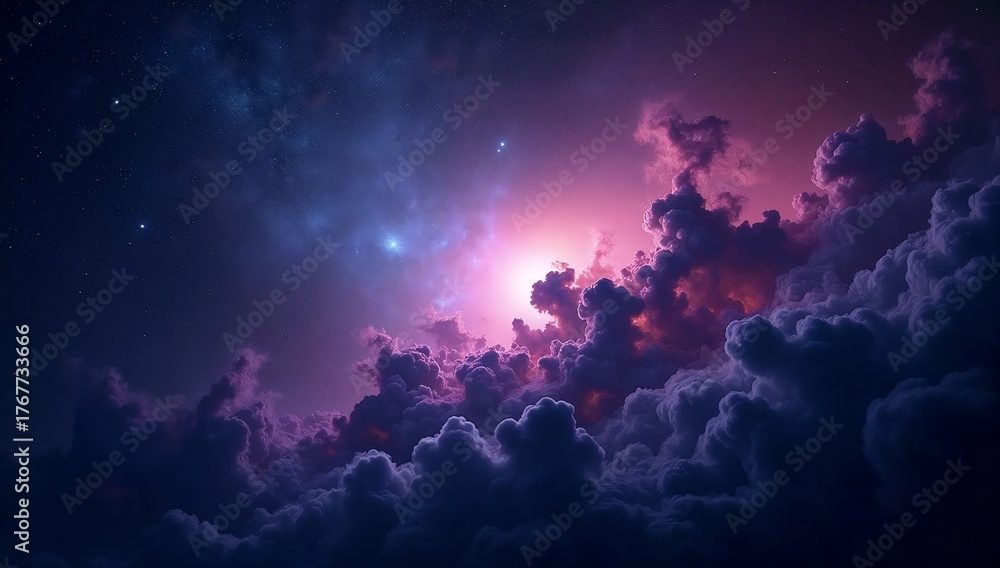 Naklejka premium Cosmic Celestial Landscape: Vibrant Nebula Hues with Stellar Reflections in the Starlit Sky